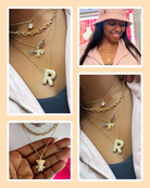 Collage of gold necklaces with 'R' and butterfly pendants, worn by a person.