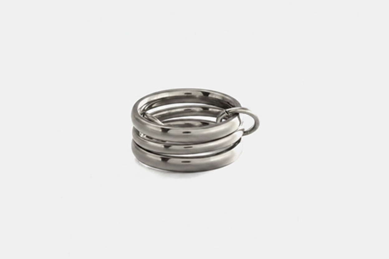 A polished silver-toned metal key ring with three concentric loops and a small side loop, shown on a plain light gray background.