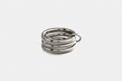 A polished silver-toned metal key ring with three concentric loops and a small side loop, shown on a plain light gray background.