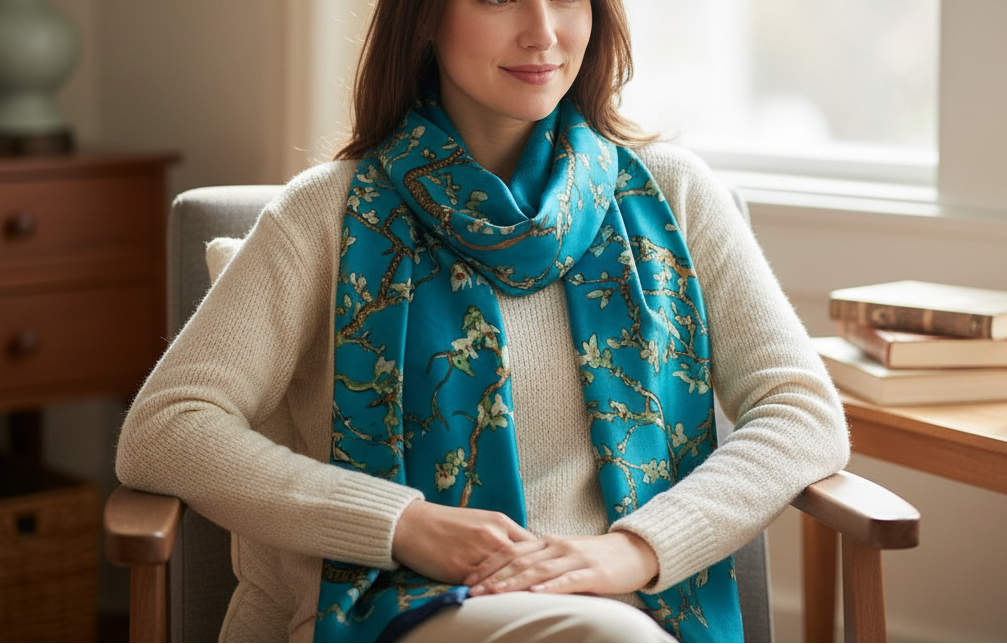 Woman wearing a blue floral scarf sitting in a room with a table and books.