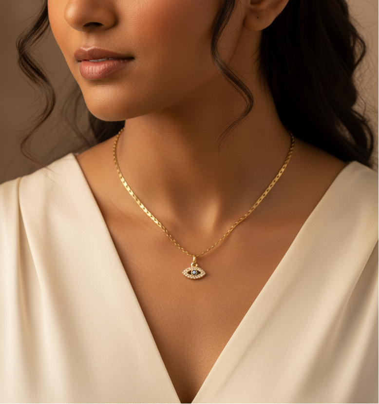 Woman wearing a gold necklace with an eye pendant against a neutral background