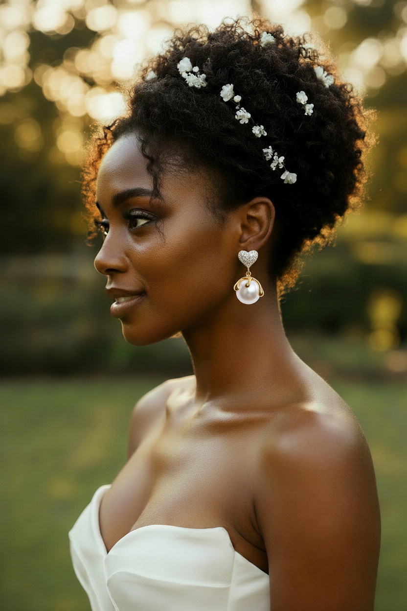 Woman with floral hairpiece and earrings in a natural setting
