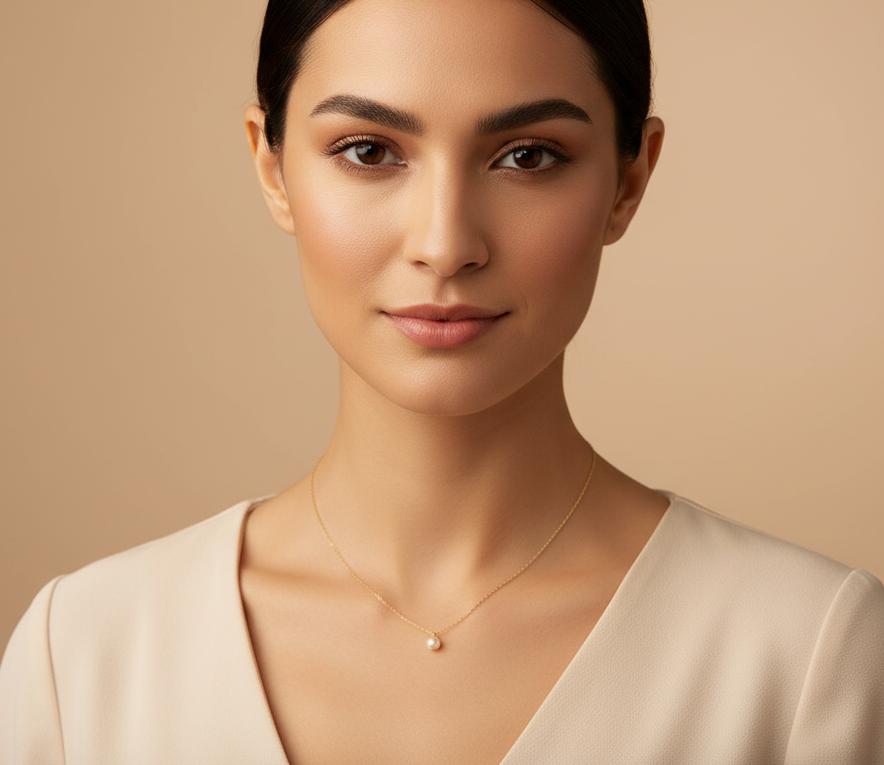 Woman wearing a necklace against a beige background