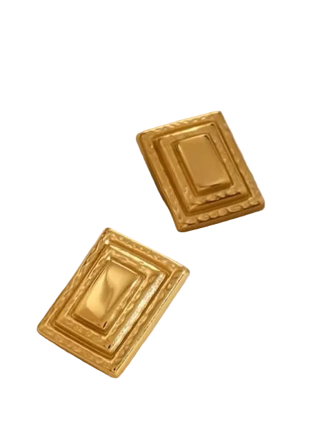 Pair of gold rectangular earrings on a white background