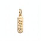 A gold-plated vertical oval charm pendant engraved with the word 'LOVE' in raised letters, shown on a plain light gray background.