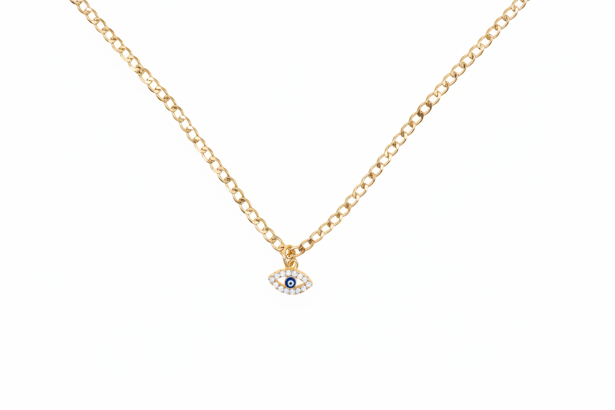Gold necklace with a small evil eye pendant on a white background