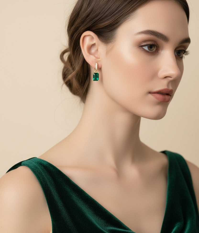 Woman wearing green earrings against a beige background