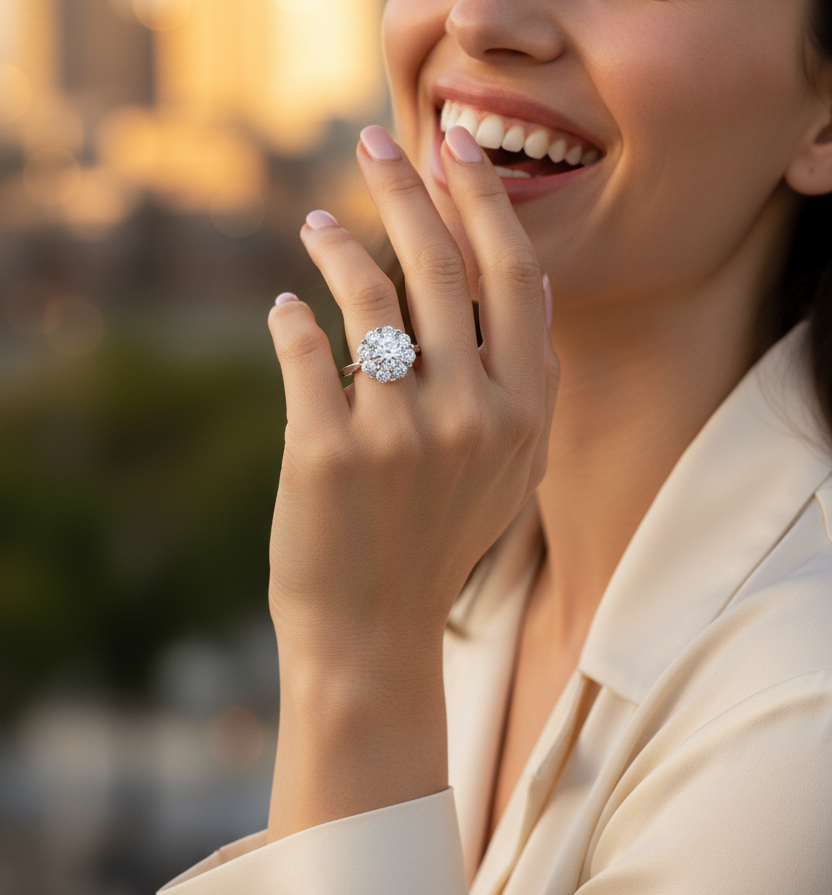 Woman wearing a diamond ring with a cityscape in the background