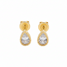 Gold earrings with teardrop-shaped clear gemstones on a white background
