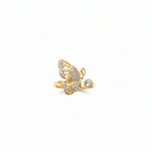 Gold butterfly ring with dimensions on a white background