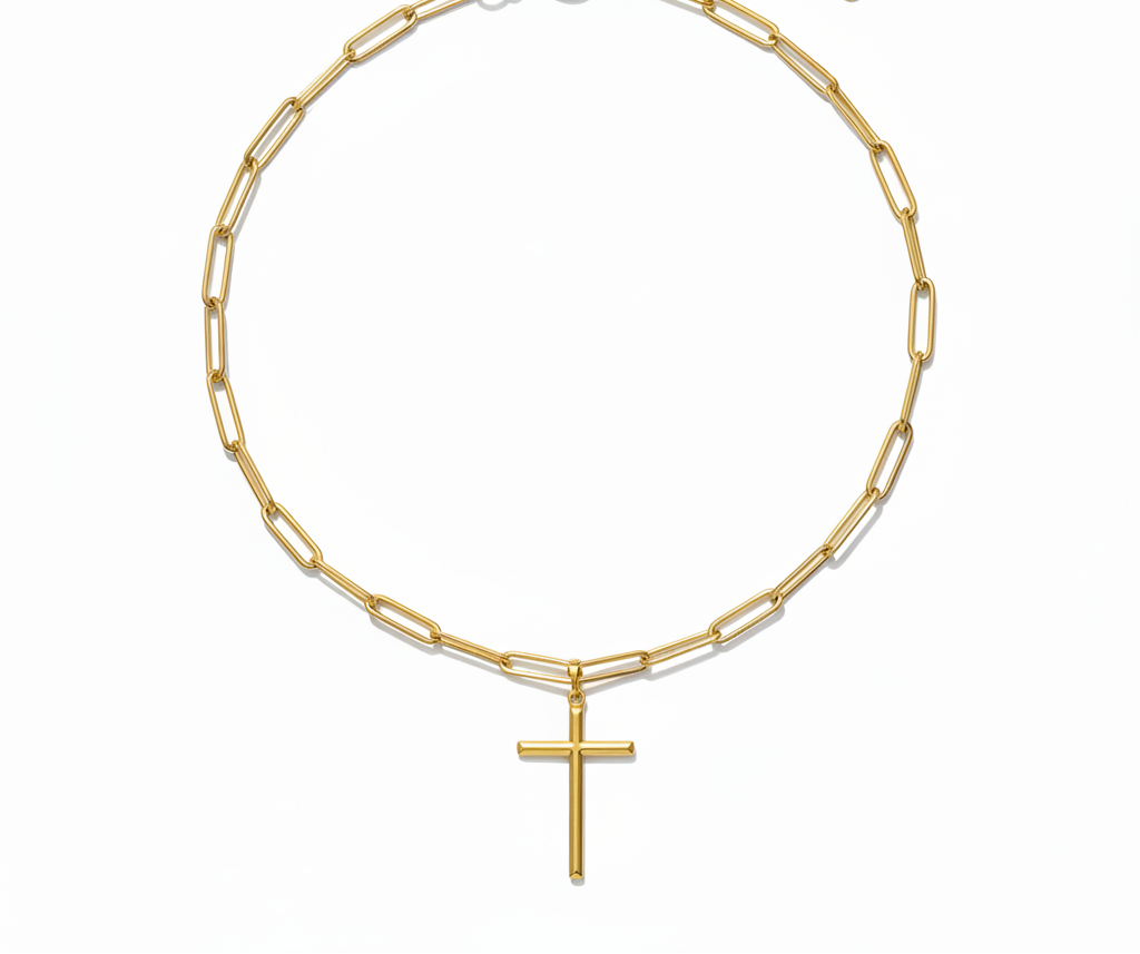 Gold chain bracelet with a cross pendant on a white background