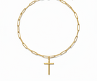 Gold chain bracelet with a cross pendant on a white background
