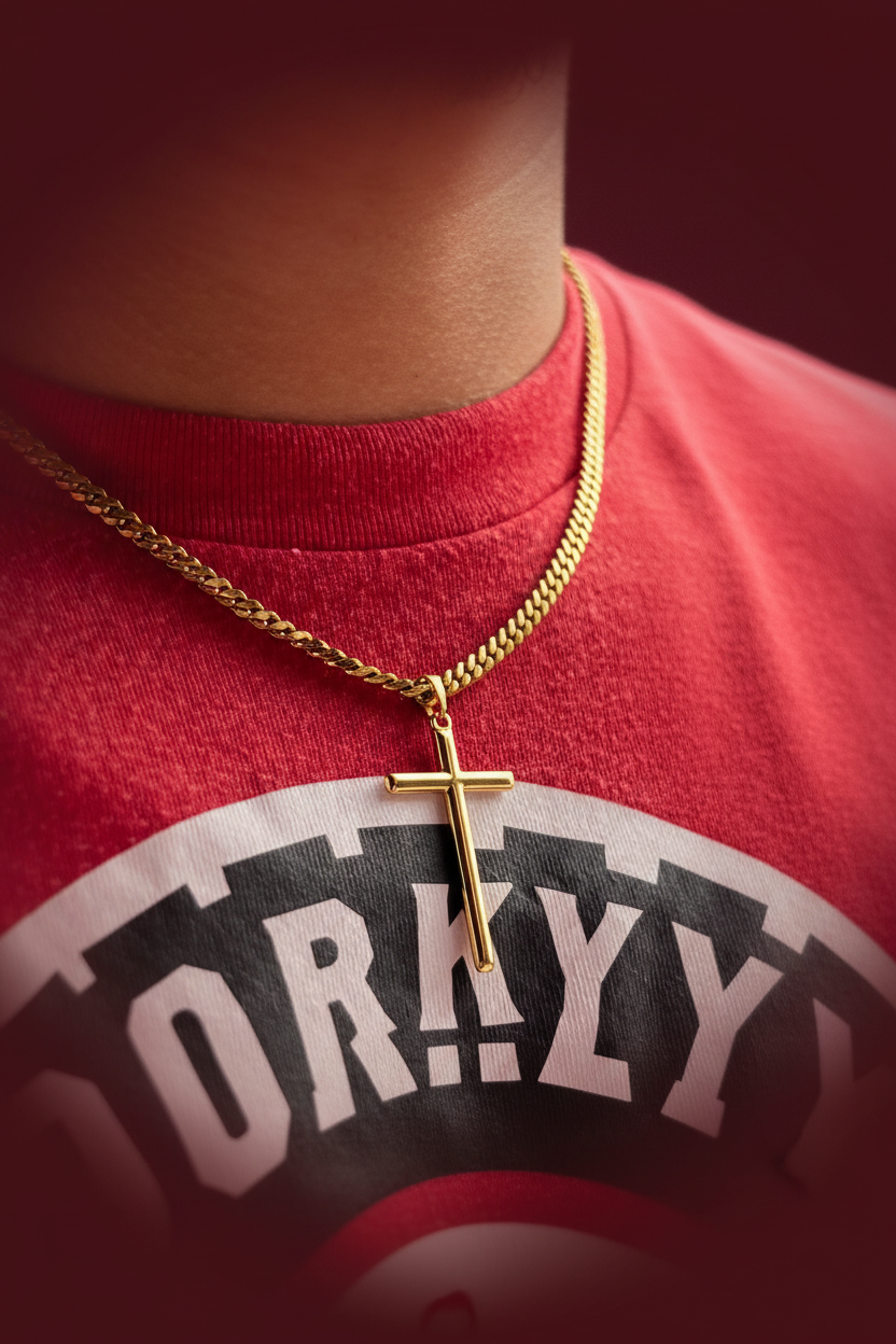 Gold chain necklace with a cross pendant on a dark blue background