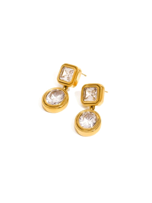 Gold earrings with clear gemstones on a white background