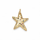 A gold starfish-shaped pendant charm decorated with small, colorful gemstones set into its five points, shown on a clean white background.