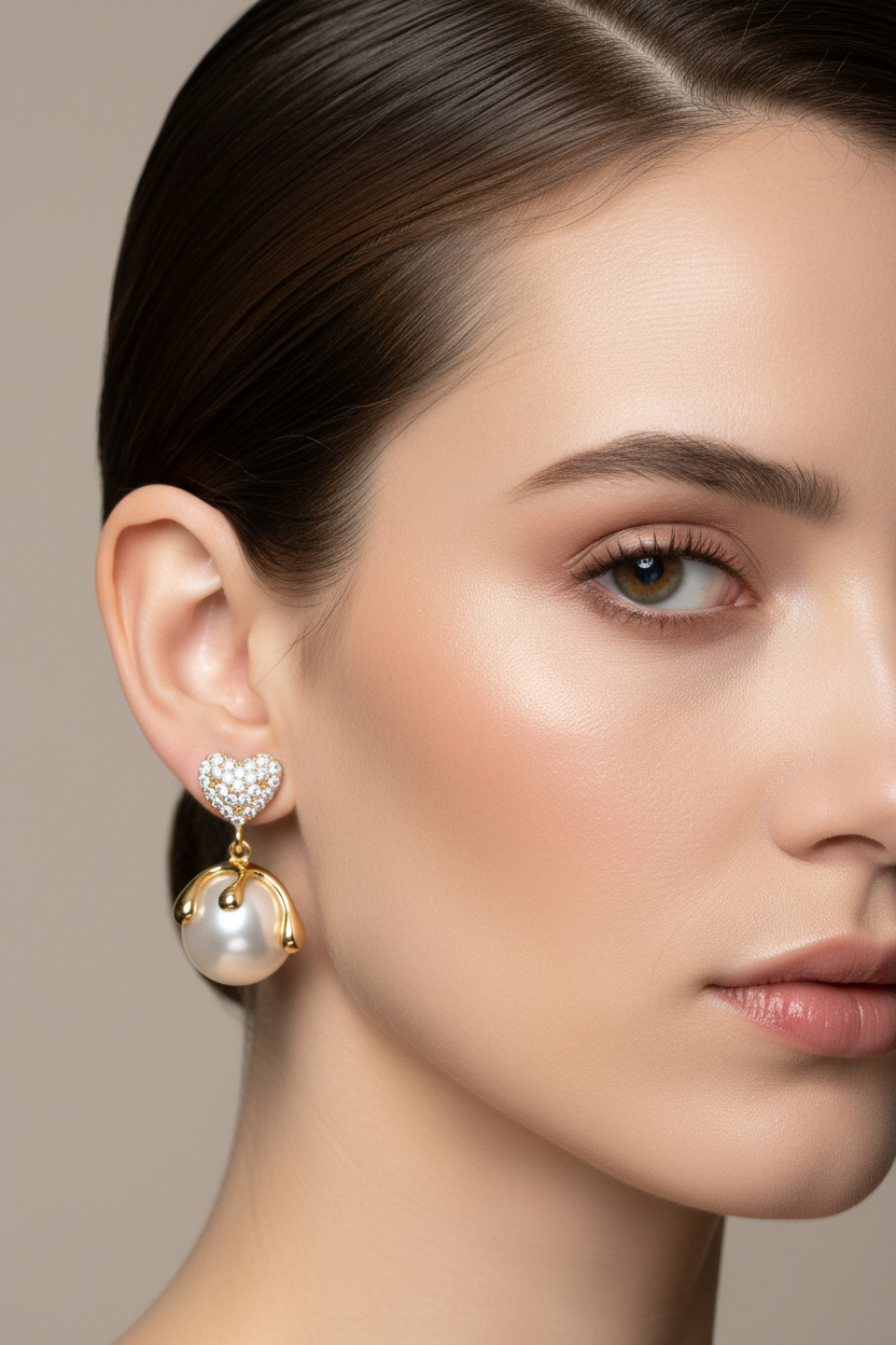 Close-up of a woman wearing a pearl earring with a heart-shaped design.