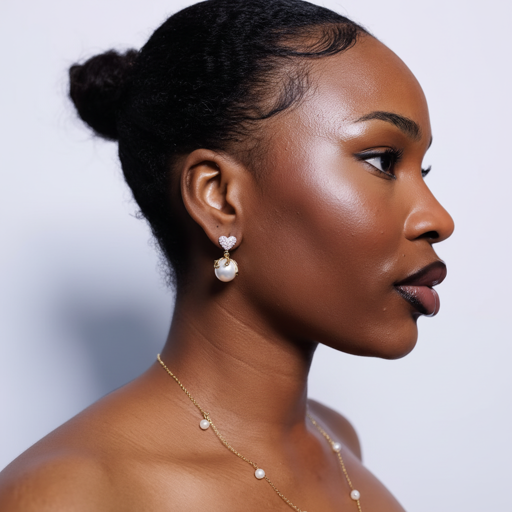 Woman wearing pearl earrings and necklace against a plain background