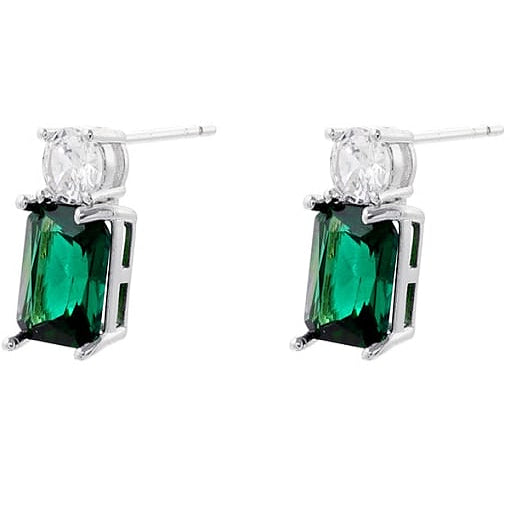 Pair of earrings with green gemstones and clear stones on a white background