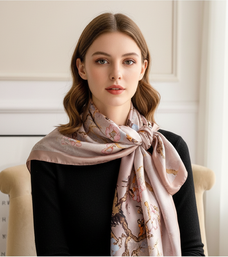 Woman wearing a floral scarf in an indoor setting