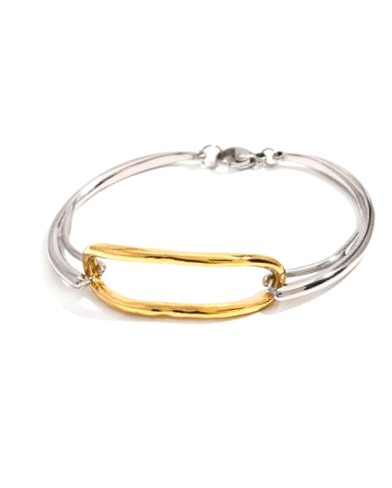 Two-toned silver and gold bracelet on a white background