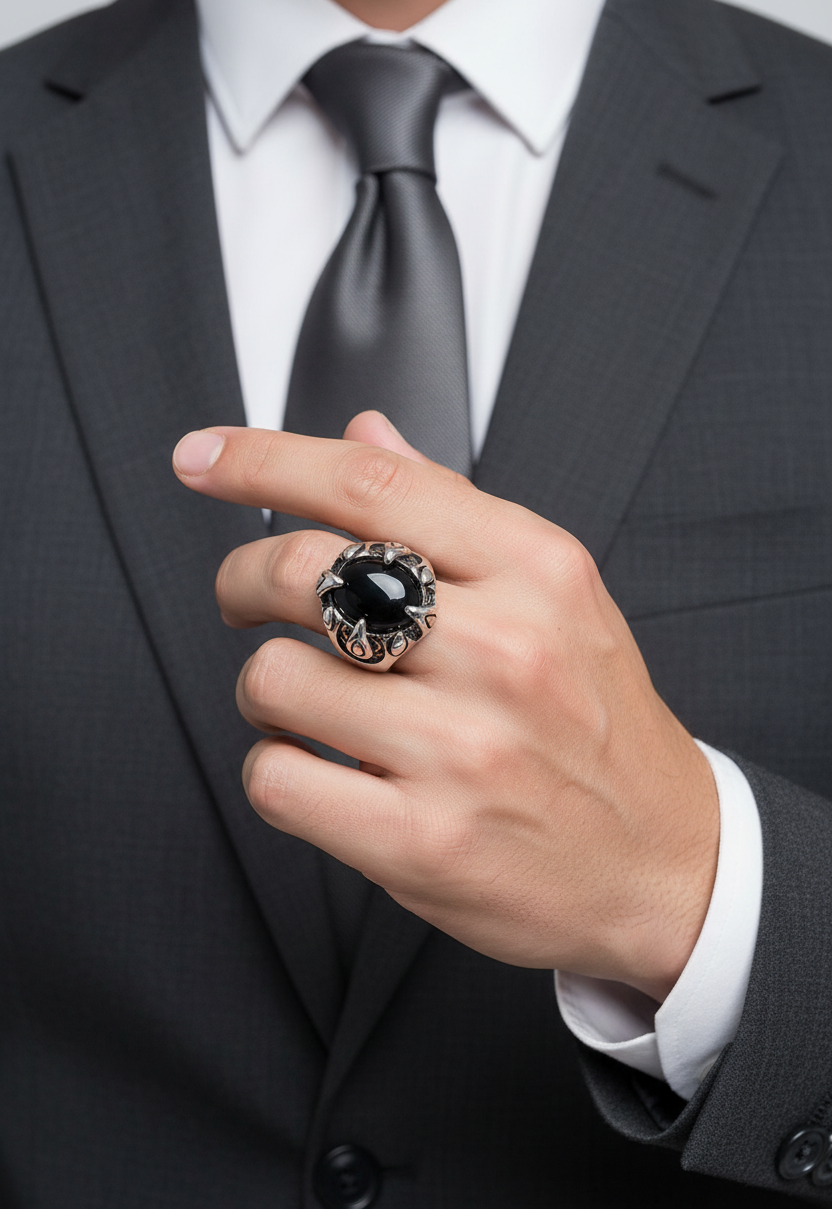 Man wearing a black suit with a white shirt and a black ring on his finger.