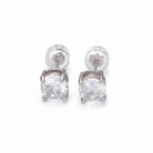 Pair of silver earrings with clear gemstones on a light gray background