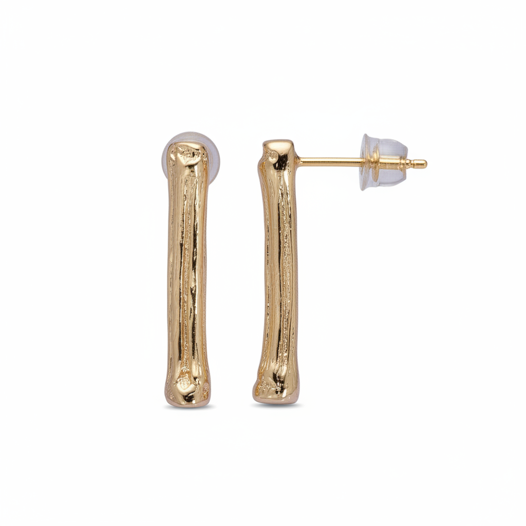 A pair of gold-toned bone-shaped stud earrings with a textured finish, shown on a plain white background. One earring is facing forward, and the other is turned to show the post and butterfly back.