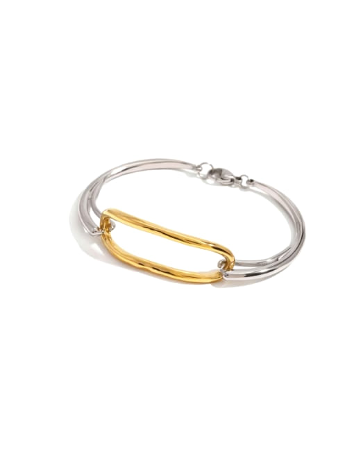 Two-toned hoop earring with gold and silver colors on a white background