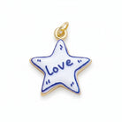 A white enamel star-shaped pendant charm with a gold-tone metal border, top loop, and blue outline details, featuring the word 'love' written in blue script in the center.