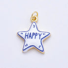 A white enamel star charm with blue hand-drawn style outlines and the word 'HAPPY' in blue letters, finished with a gold-tone metal border and a gold top loop, shown on a plain white background.