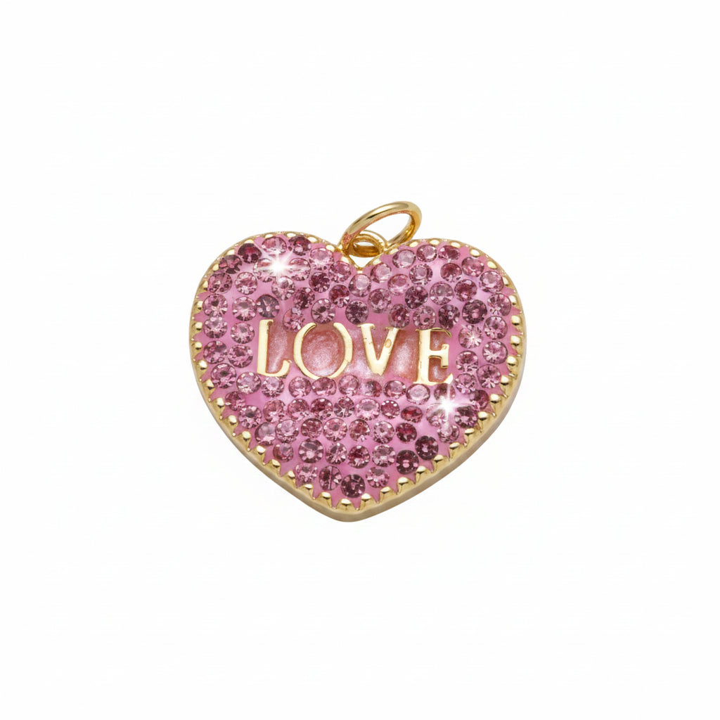 Heart-shaped charm with pink crystals and 'LOVE' engraving on a light gray background