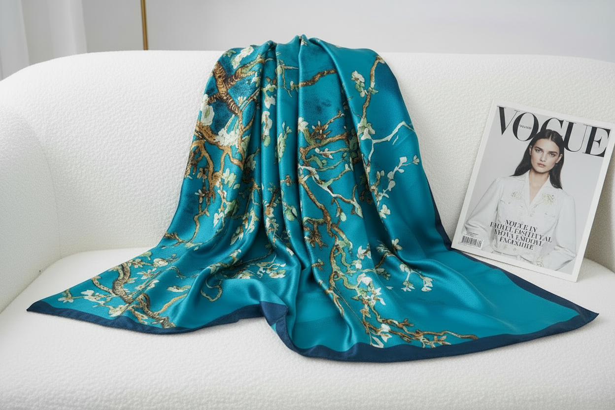 Turquoise scarf with floral pattern draped over a white couch next to a Vogue magazine.
