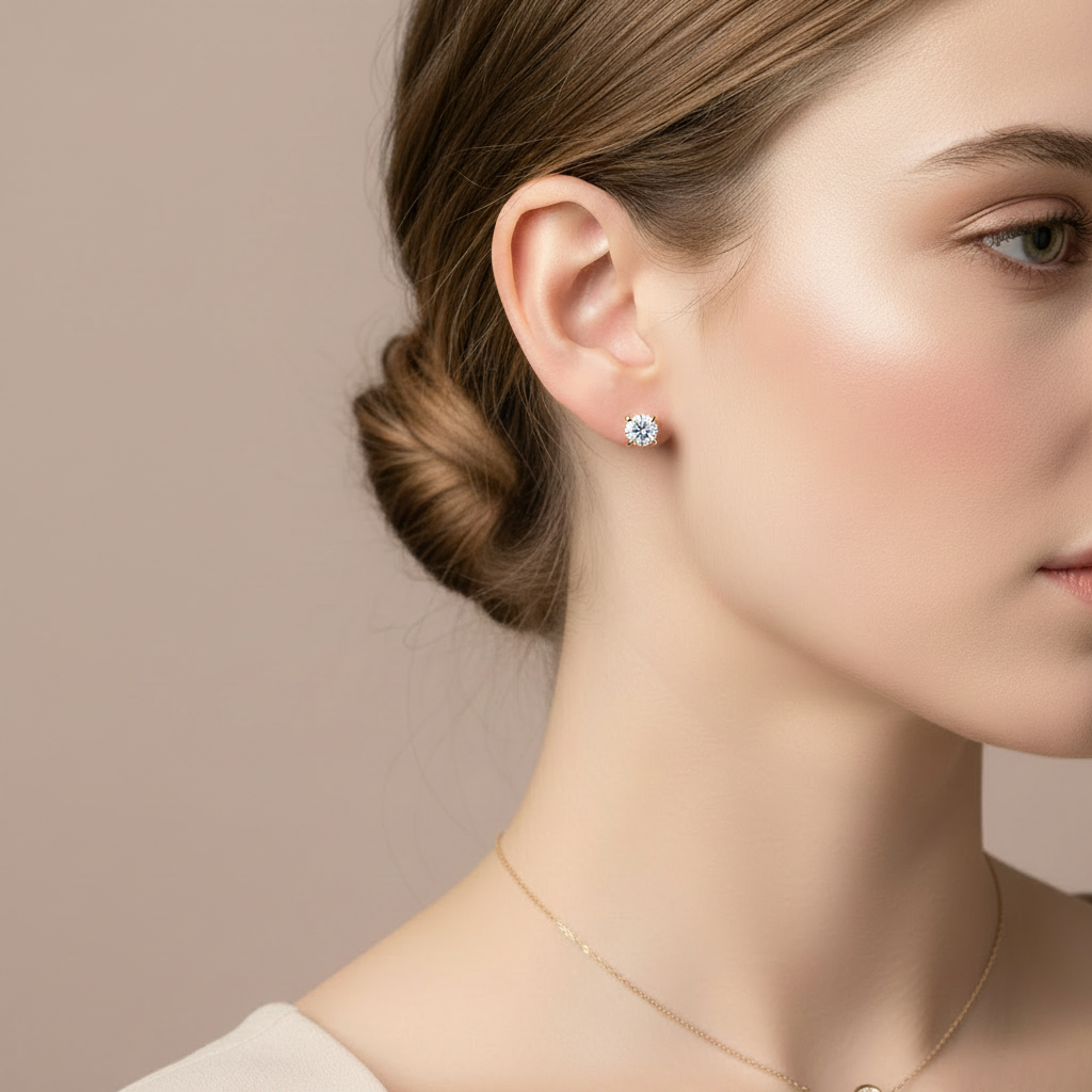Close-up of a woman wearing diamond earrings with a neutral background