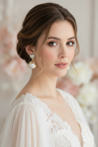 Woman wearing pearl earrings with a blurred floral background