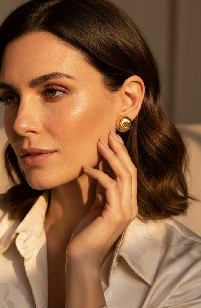 Woman wearing gold earrings, looking to the side with a neutral expression.