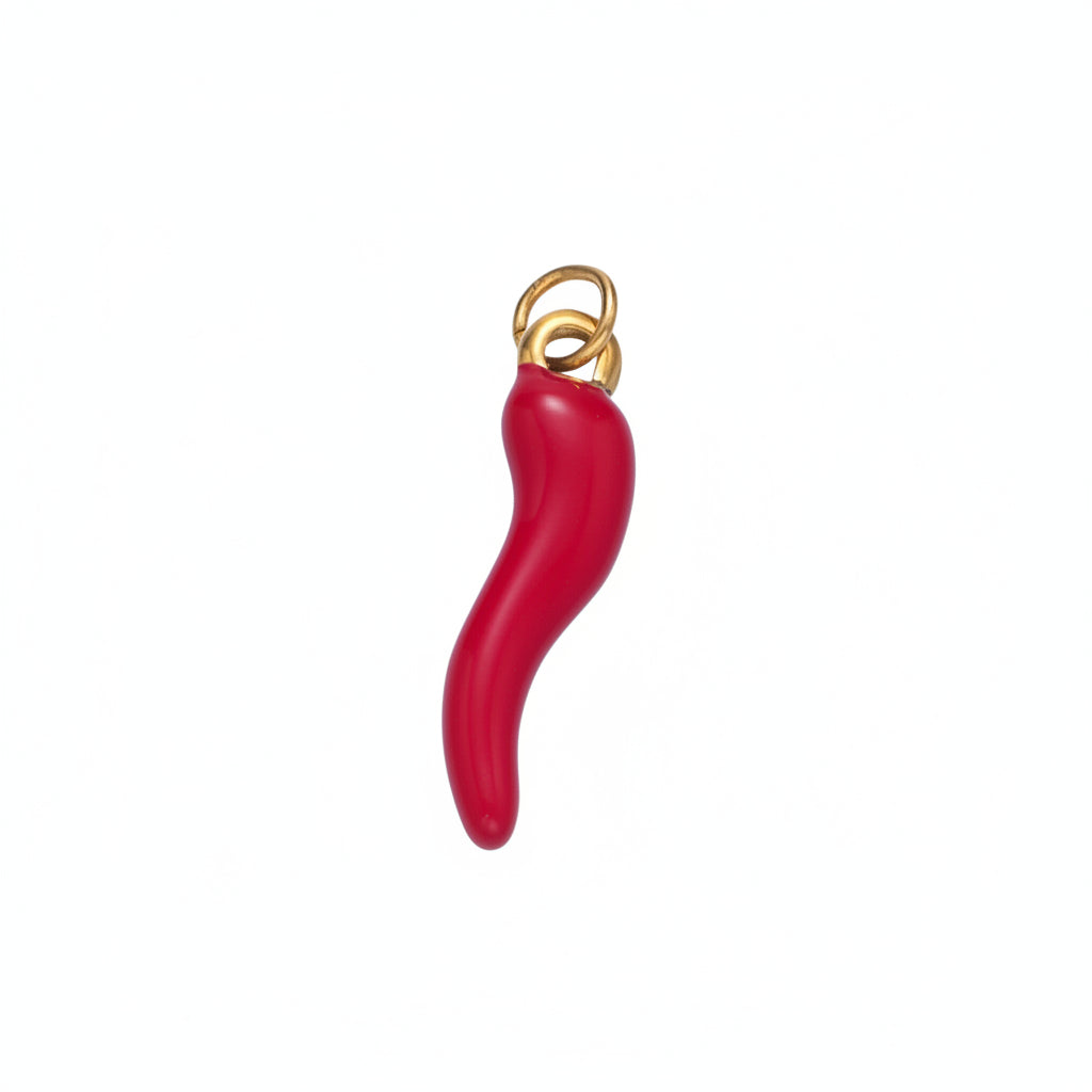 Red chili pepper-shaped pendant with gold chain on a white background