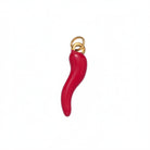 Red chili pepper-shaped pendant with gold chain on a white background