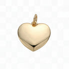 A polished yellow gold heart-shaped pendant charm with a small top loop, shown on a plain light gray background.