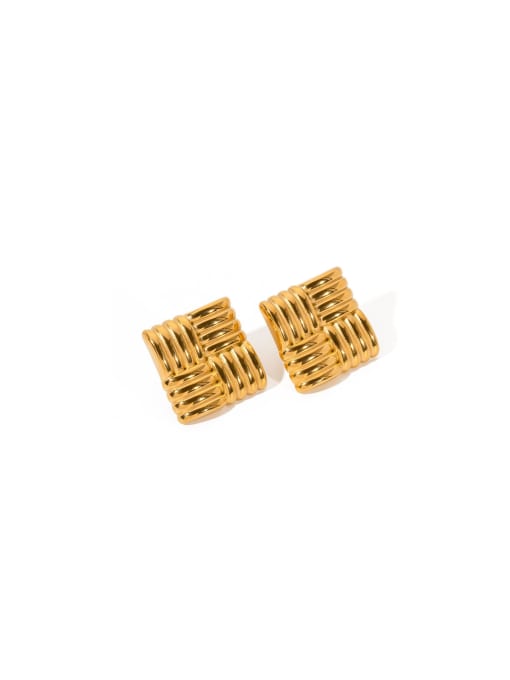 Pair of gold woven earrings on a white background